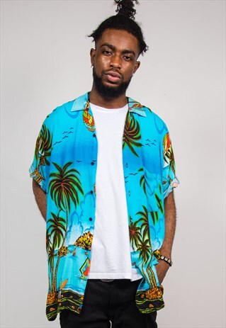 90'S VINTAGE BLUE HAWAIIAN SHORT SLEEVE OPEN COLLAR SHIRT
