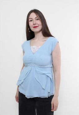 Vintage 90s lace blouse, blue ruffle blouse, maternity top
