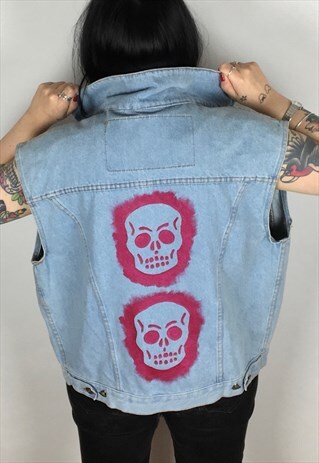 REWORKED HAND PAINTED SKULL SLEEVELESS VINTAGE DENIM JACKET