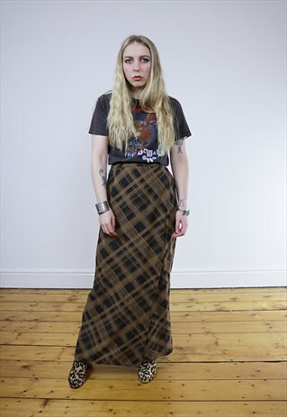 VINTAGE BROWN & BLACK CHECKED TARTAN MAXI WRAP SKIRT
