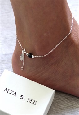 Mya Anklet 925 Sterling Silver in Black with Hamsa
