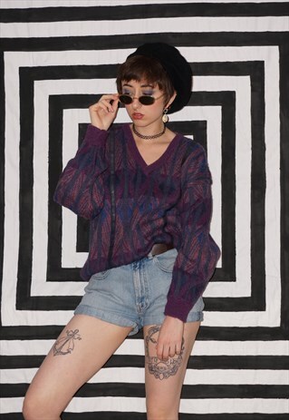 VINTAGE 80'S WOOL MIX JUMPER WITH FAUX LEATHER DETAILS