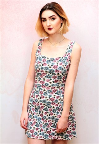 1990S VINTAGE FLORAL MINI JERSEY DRESS WITH OPEN BACK