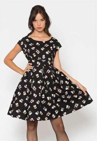 BLACK CAT SUSHI PRINT DRESS