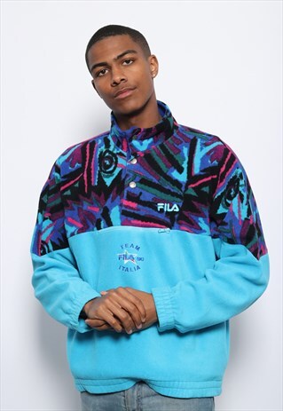 VINTAGE FILA SKI BUTTON UP LOGO FLEECE BLUE