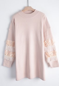 Pink Jumper with Tassel Fringe & Sequin Sleeves