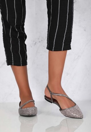 FLAT OPEN BACK DIA POINTY SHOE IN PEWTER