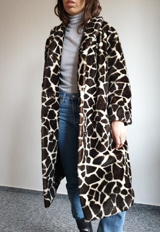 VINTAGE GIRAFFE FAUX FUR COAT - TEDDY FAKE FUR COAT M