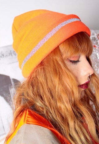 90S GRUNGE Y2K RAVE NEON BEANIE REFLECTIVE SILVER STRIPE