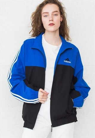 VINTAGE BLACK BLUE ADIDAS LOGO TRACK ZIP JACKET