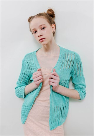 VINTAGE Y2K GRUNGE MINT BLUE HANDMADE KNIT TIE CARDIGAN XS