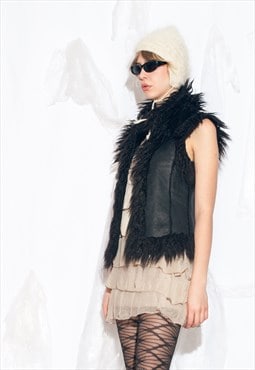 Vintage Y2K Shaggy Vest with Faux Fur Collar