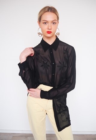 VINTAGE FLORAL EMBROIDERED SEMI SHEER BLOUSE