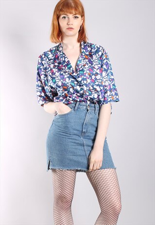 VINTAGE 80S CRAZY PATTERNED SATIN OVERSIZE BLOUSE