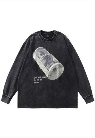 MONEY PRINT T-SHIRT VINTAGE WASH TOP DOLLAR LONG TEE IN GREY