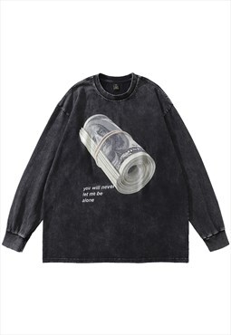Money print t-shirt vintage wash top dollar long tee in grey