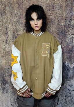 Pentagram patch varsity jacket college baseball bomber brown