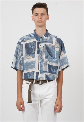 VINTAGE BLUE THUMBS UP SHORT SLEEVE SILK SHIRT