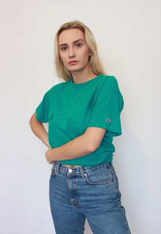 VINTAGE 90S GREEN CHAMPION SPELL OUT LOGO T-SHIRT