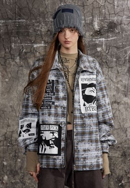Patchwork plaid jacket woolen checked punk bomber in grey