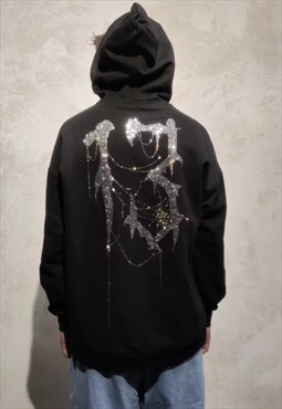 Diamante Y2K hoodie negative youth crystal pullover black