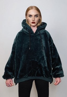 Hooded fleece jacket utility fluffy pullover faux fur green