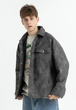 Suede jacket faux leather rocker bomber in washed out black
