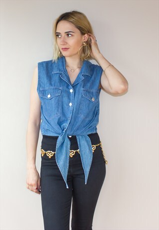VINTAGE DENIM SLEEVELESS CROP TIE SHIRT