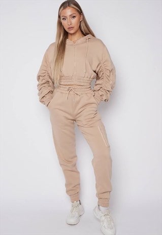 Justyouroutfit Ruched Cropped Hoodie Jogger Loungewear Set