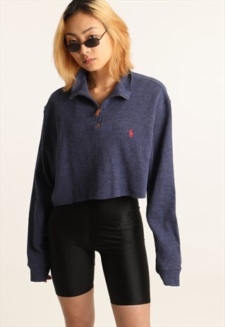 VINTAGE RALPH LAUREN EMBROIDERED LOGO CROPPED 1/4 SWEATSHIRT