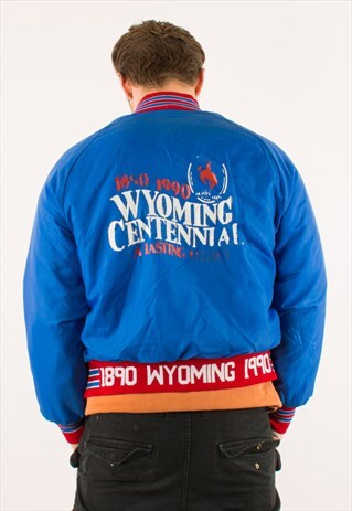 VINTAGE 1990 BLUE WYOMING CENTENNIAL BLUE VARSITY JACKET