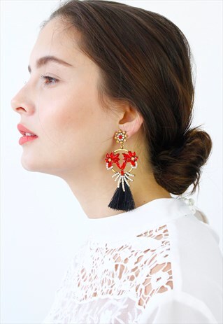 RED DIAMANTE BLACK TASSEL CHANDELIER DROP EARRINGS