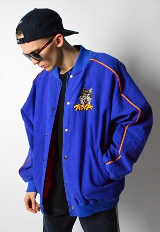TACKLA 90S BLUE VELVETY EMBROIDERED WOLF HOCKEY BOMBER