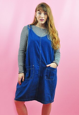 VINTAGE 90'S BLUE DENIM DUNGAREE OVERALLS PINAFORE DRESS