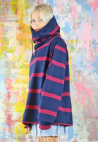 OVERSIZED JUMPER IN NAVY & MAROON FUNNEL NECK & DRAWSTRING