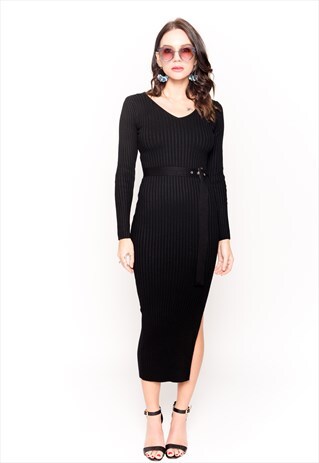 CY SOFT KNITTED RIBBED LONG BODYCON DRESS WITH SIDE SPLIT