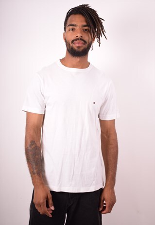 TOMMY HILFIGER MENS VINTAGE T-SHIRT TOP SMALL WHITE 90S