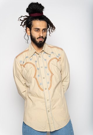 BEIGE MARLBORO CLASSICS WESTERN STYLE BUTTON-UP COTTON SHIRT