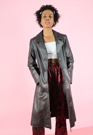 VINTAGE 90S Y2K BLACK LONG LEATHER TRENCHCOAT