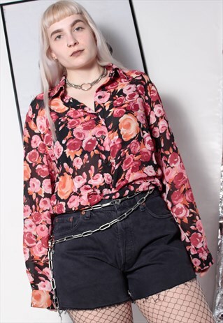 80S VINTAGE 90S GRUNGE PINK ORANGE FLORAL CHIFFON SHIRT