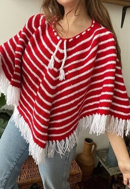 Vintage 80s Crochet Christmas knit cape poncho handmade