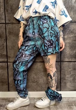 Detachabl snake joggers handmade python print pants in blue