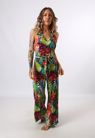 JUMPSUIT HALTER NECK FLORAL WIDE LEG VINTAGE UK 12 (CG3M)