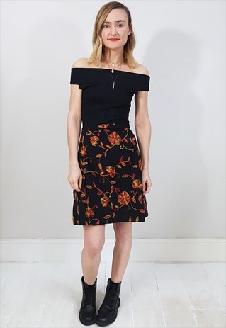 VINTAGE 90'S BLACK, RED AND YELLOW WOOL FEEL MINI SKIRT