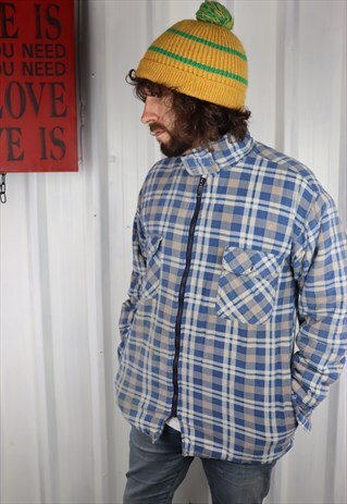 VINTAGE CHECK THICK QUILT LINED FUNNEL NECK LUMBERJACK COAT