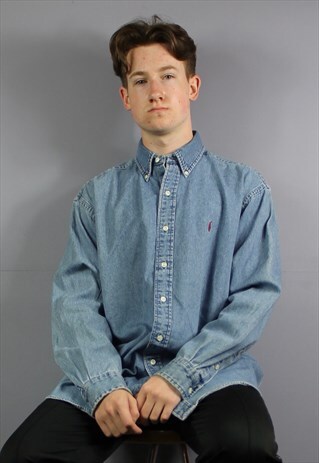 VINTAGE POLO RALPH LAUREN DENIM BUTTON UP SHIRT IN BLUE WITH