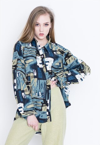 VINTAGE BLUE PATTERNED CHECKED LONG SLEEVE RETRO SHIRT