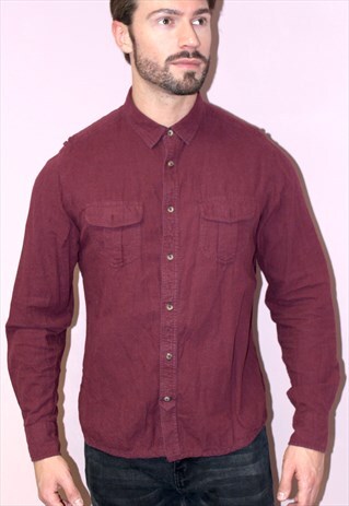 VINTAGE 90S MENS BURGUNDY SHIRT INDIE HIPSTER FITTED MAROON