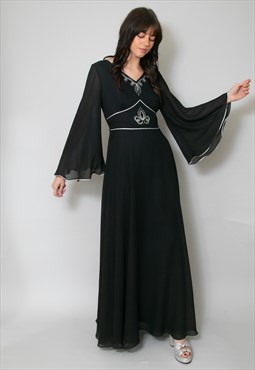 70's Vintage Ladies Black Kimono Fluted Sleeve Maxi Dress