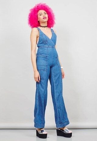 VINTAGE 90'S DENIM BLUE FLARED JUMPSUIT
